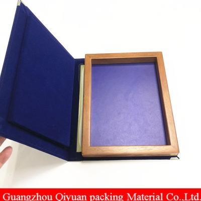 A4 Size Rectangular Large Book Shaped Gift Packaging Wooden Inner Box With Blue Velvet Laminate